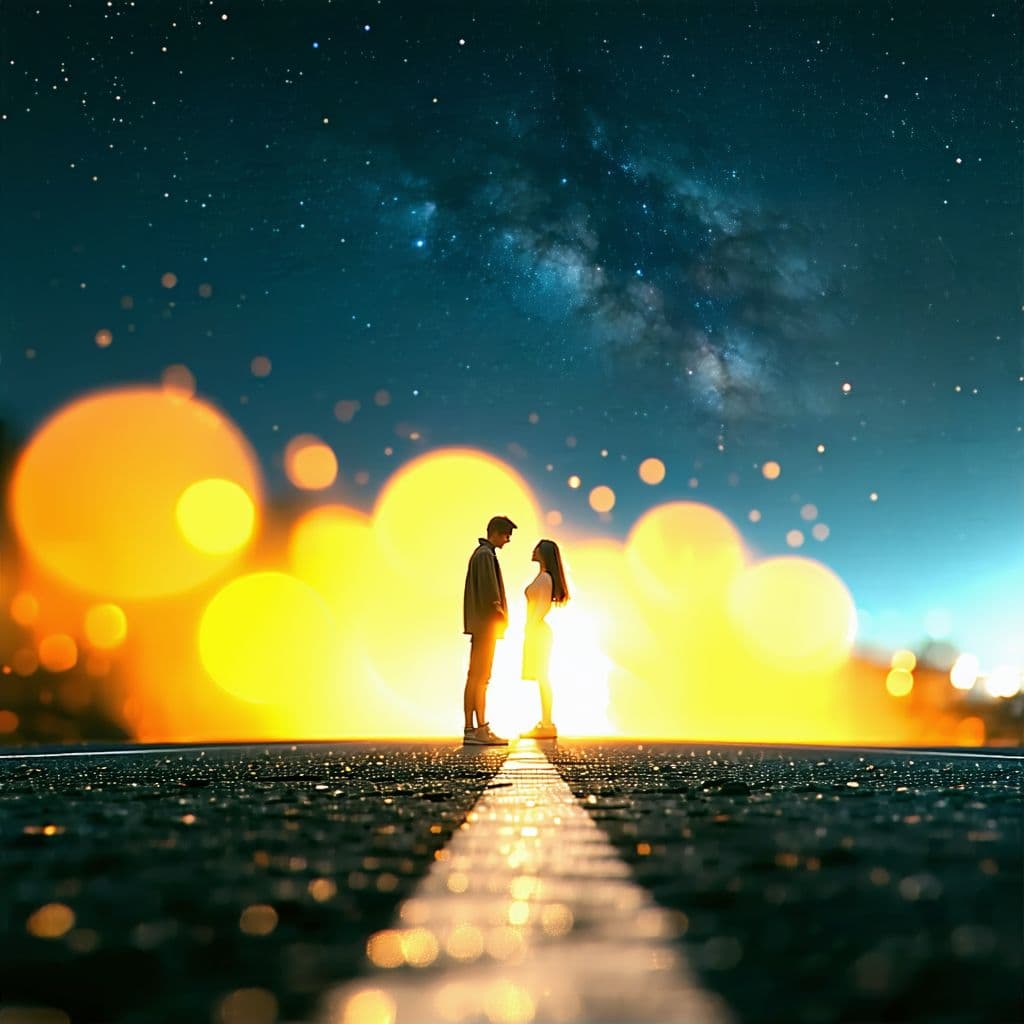 AI generated: an couple who fight and standing side of the glowing road at night. cinematic view, third pov, sad t...