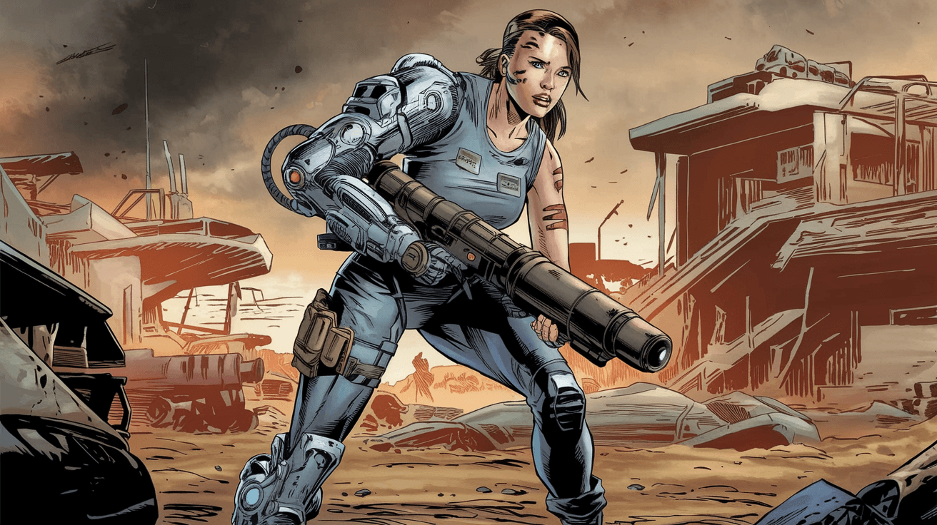 AI generated: ((comic novel)), woman, solider, standing, ((cybertronic right arm and left leg)),  ((real right leg...