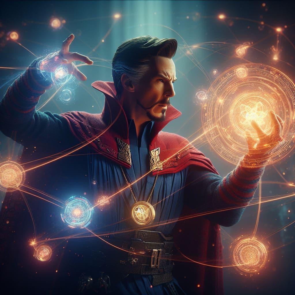 AI generated: Doctor Strange performing a complex spell with his hands, masterpiece, octane render, 8k, raytracing