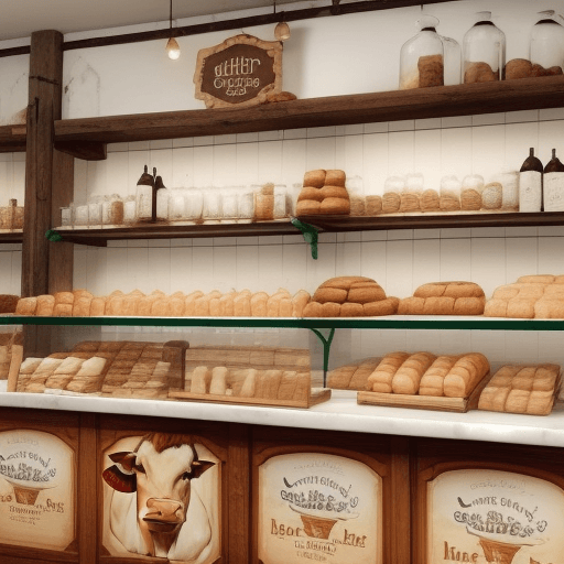 AI generated: Image of a bakery shelf with a glass or bottle of cow's milk, accompanied by an image of a herd of o...