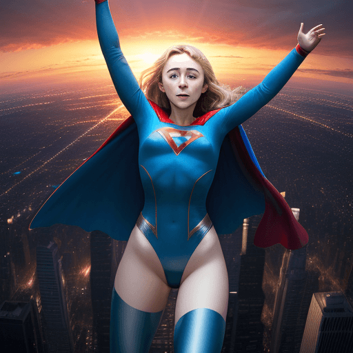 AI generated: High resolution photography Saoirse Ronan as jubilant Superwoman, blue leotard, skirt, cape, flying ...