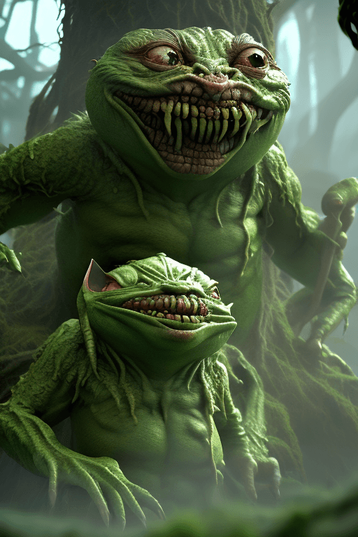 AI generated: lord of the bogtrolls, fights a gremlin, natural habitat, secret, sneaky, devious, masters, 8k, nani...
