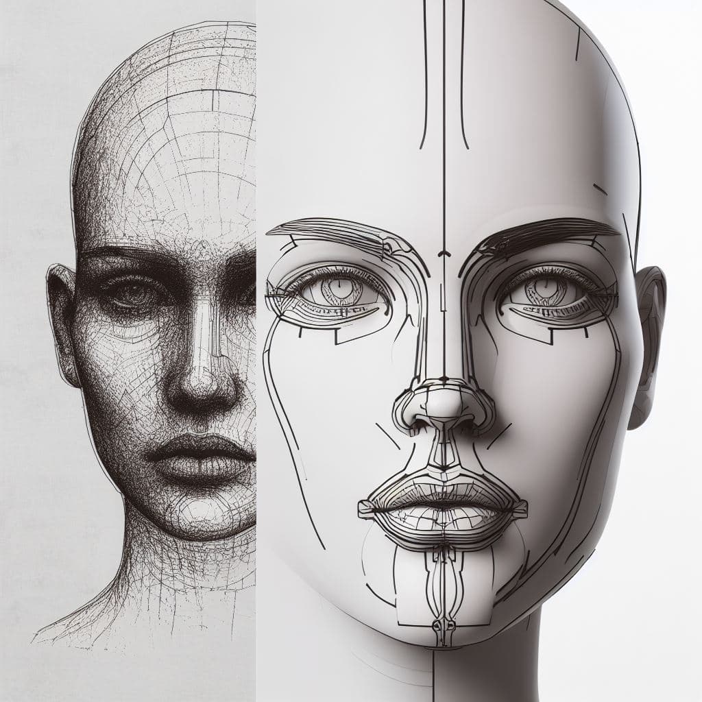 AI generated: A realistic split AI image with a real drawing in the style of 3D engineer modeling designer graphic...