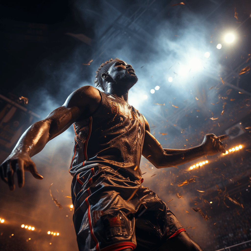 AI generated: In the dimly lit stadium, capture a hyper realistic basketball highlight featuring an explosive slam...