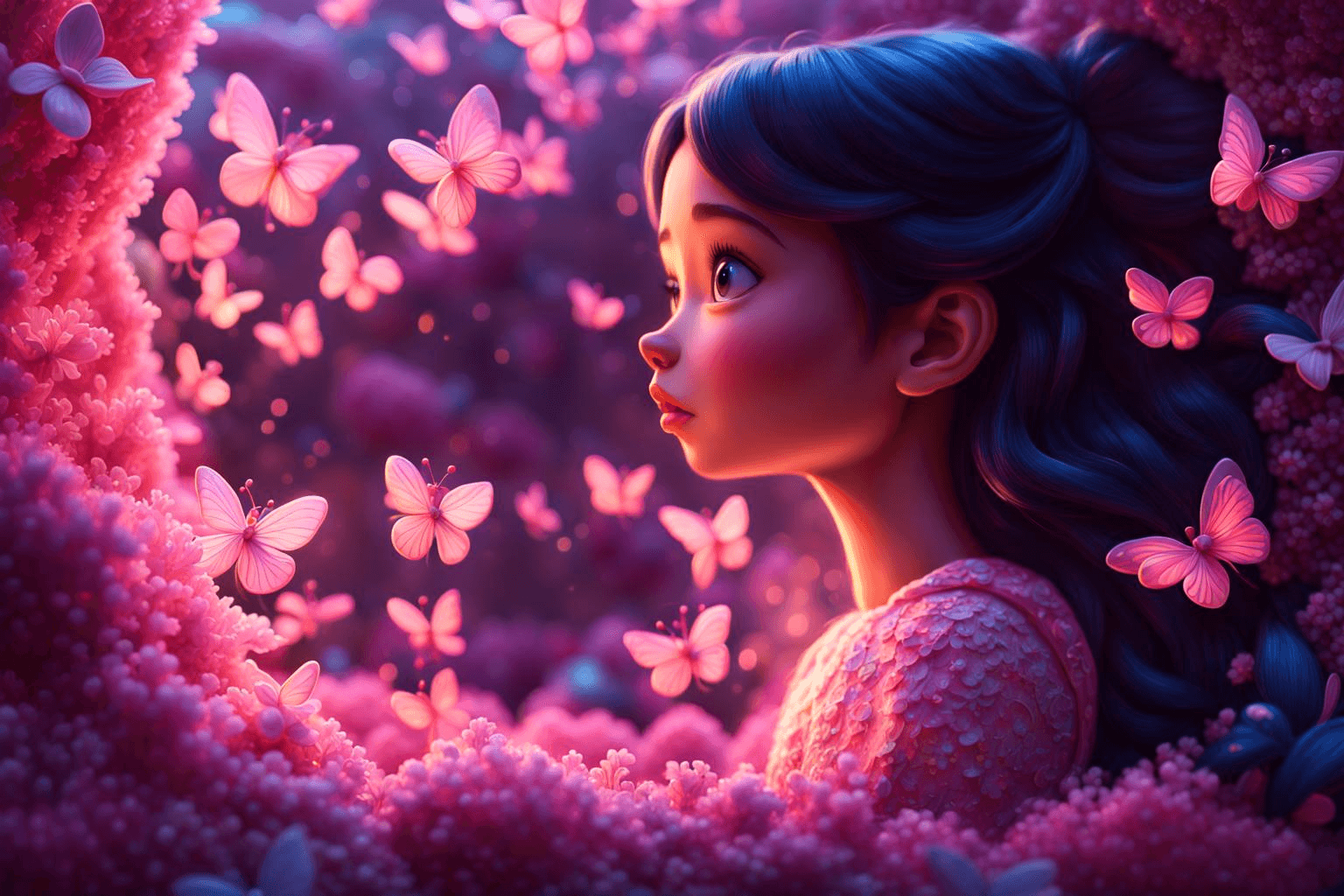 AI generated: Intricate flat illustration, 3d, close up, girl in a pink dress completely covered with intricate bu...