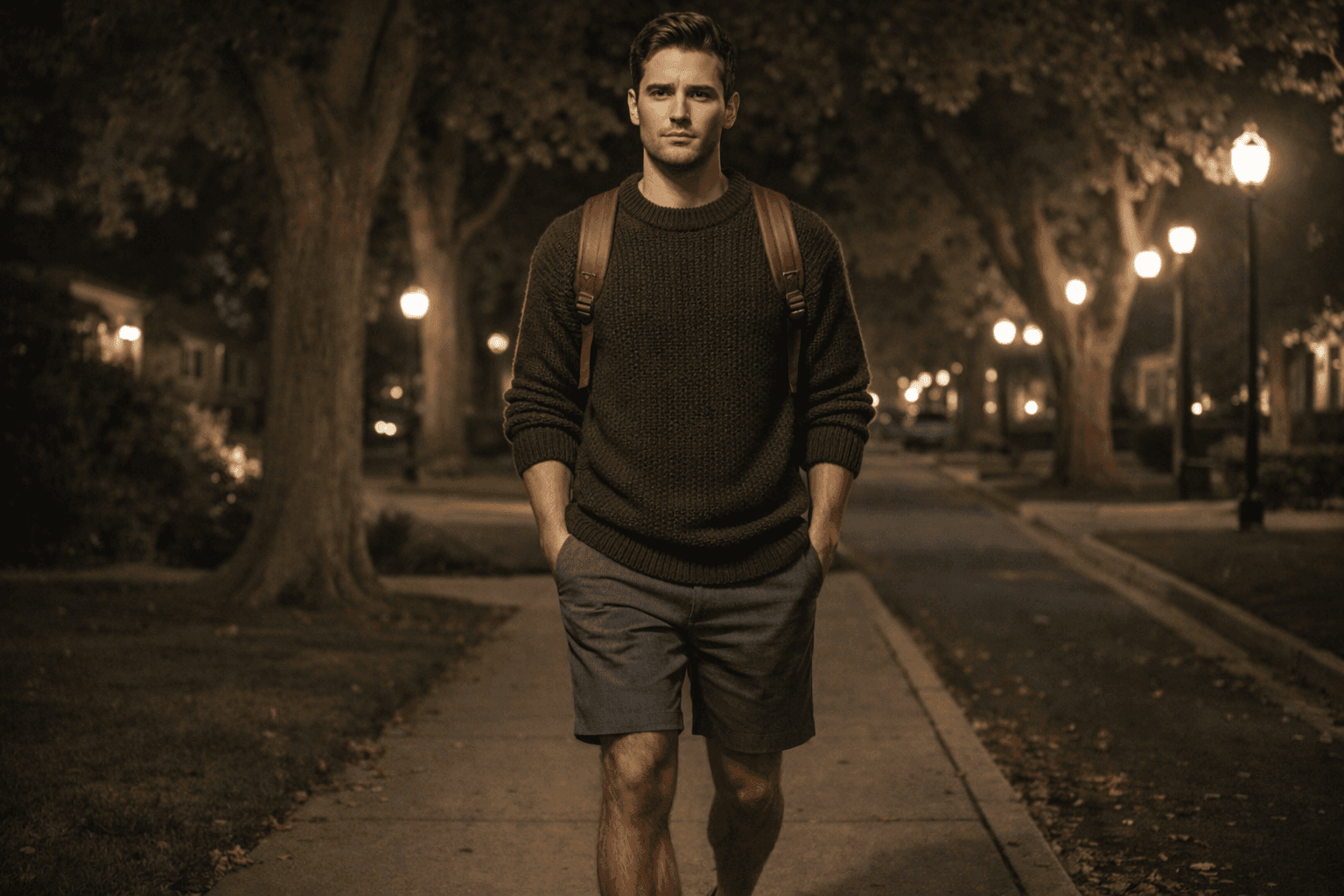 AI generated: At night, the model is walking on the sidewalk at a nice neighborhood. Big trees along the side walk...