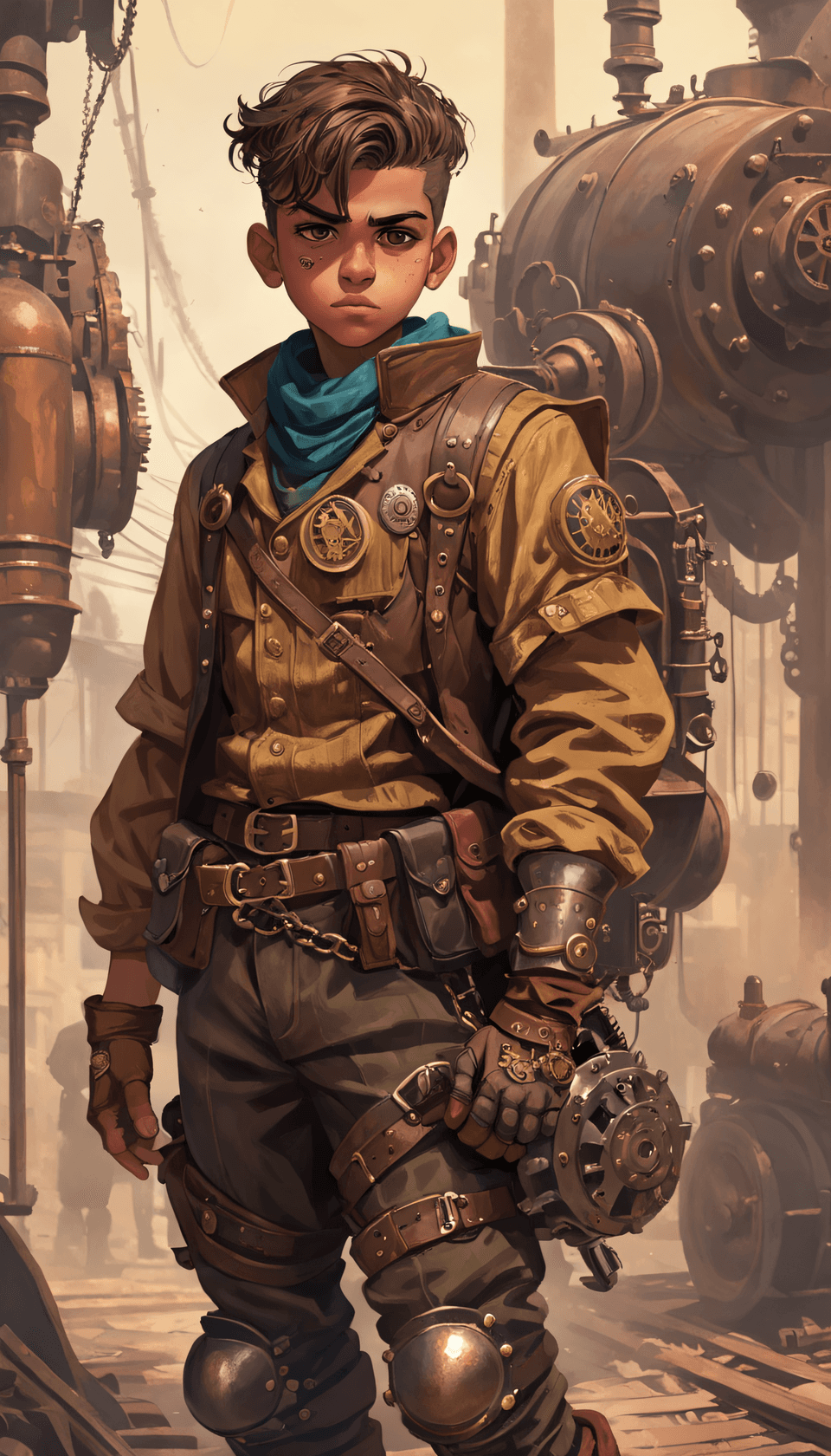 AI generated: Dieselpunk style , A teenage Boy,. Retrofuturism, art deco, mechanized armor, gritty adventurer aest...
