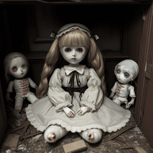 AI generated: masterpiece, best quality, ultra detailed, a haunted girl doll sitting in closet along with other br...