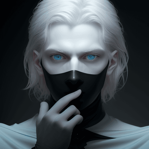AI generated: close-up portrait of a man with pale skin and striking light blue eyes, gaze to front, a matte black...