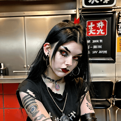 AI generated: A goth girl, about 18 years old, messy black hair in an asymmetrical cut, brown eyes, thick eye make...