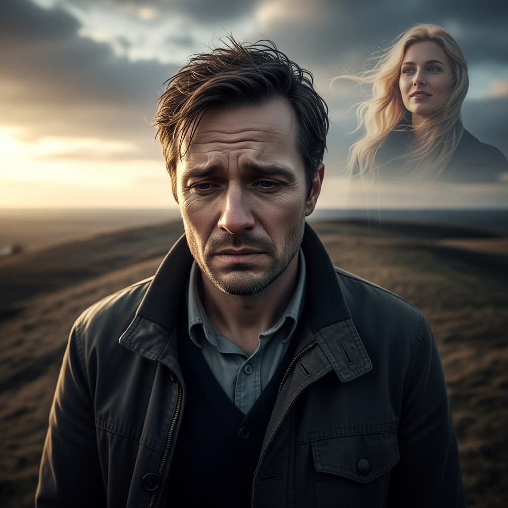 AI generated: a man in his 40s, disappointed in love, looks in the distance where a beautiful blonde woman is loom...