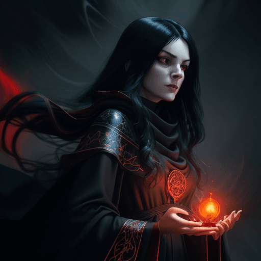 AI generated: A female warlock with long black hair wearing a black cowl and ornate robes of red and black, Castin...