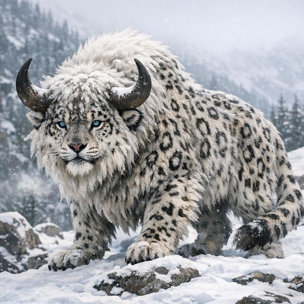 AI generated: create a new creature that is a mix of a Snow Leopard and a Bison