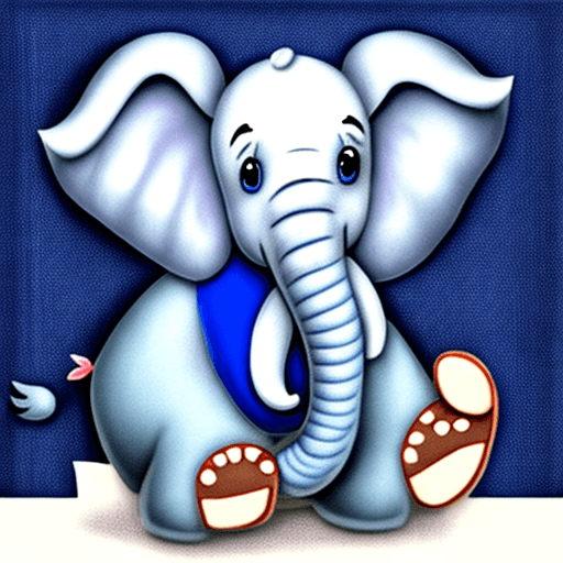 AI generated: A happy baby elephant, in dark blue and white, with the letters E and I on its ears.