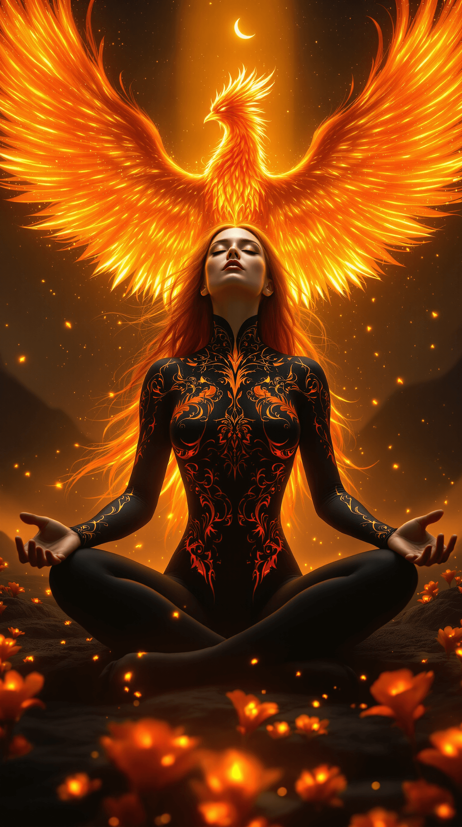 AI generated: A powerful, ethereal woman with flowing fiery-red hair sits in a meditative pose, her eyes closed in...