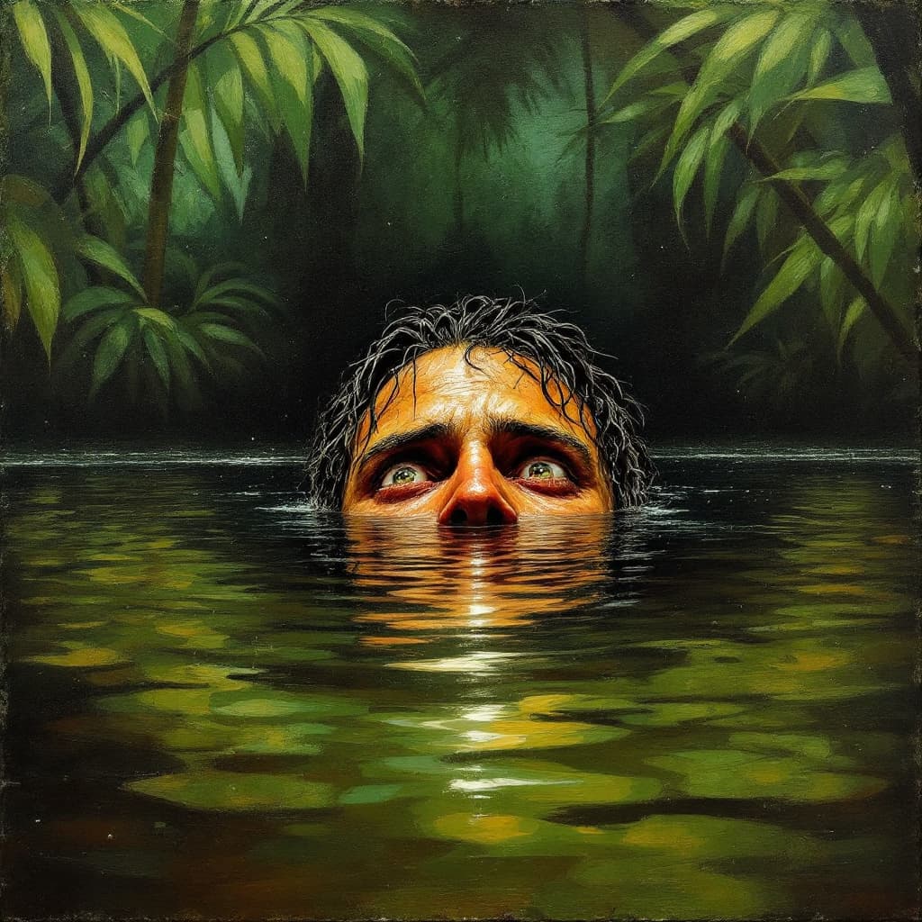 AI generated: impasto oil painting of a tableau where moisture covers a vast prehistoric lake with dense green jun...