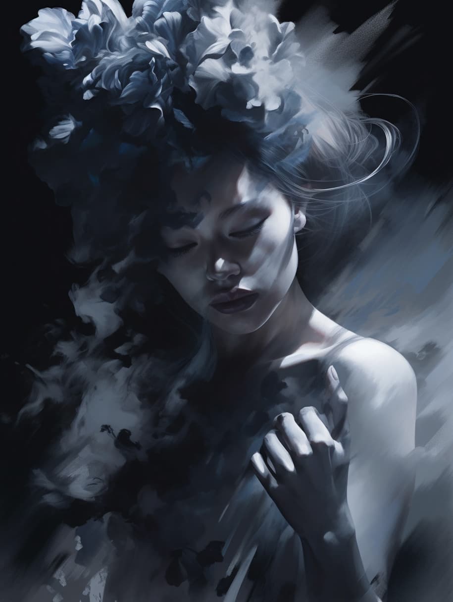 AI generated: 3 d, white and black smoke, sun rays, confident fashion model, sweat skin, liquid black metal, black...