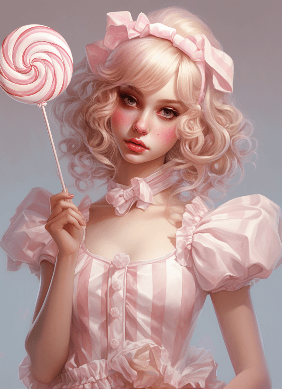 AI generated: a cute lady with cute hair holding a large lollipop, in the style of realistic sculptures, artgerm, ...