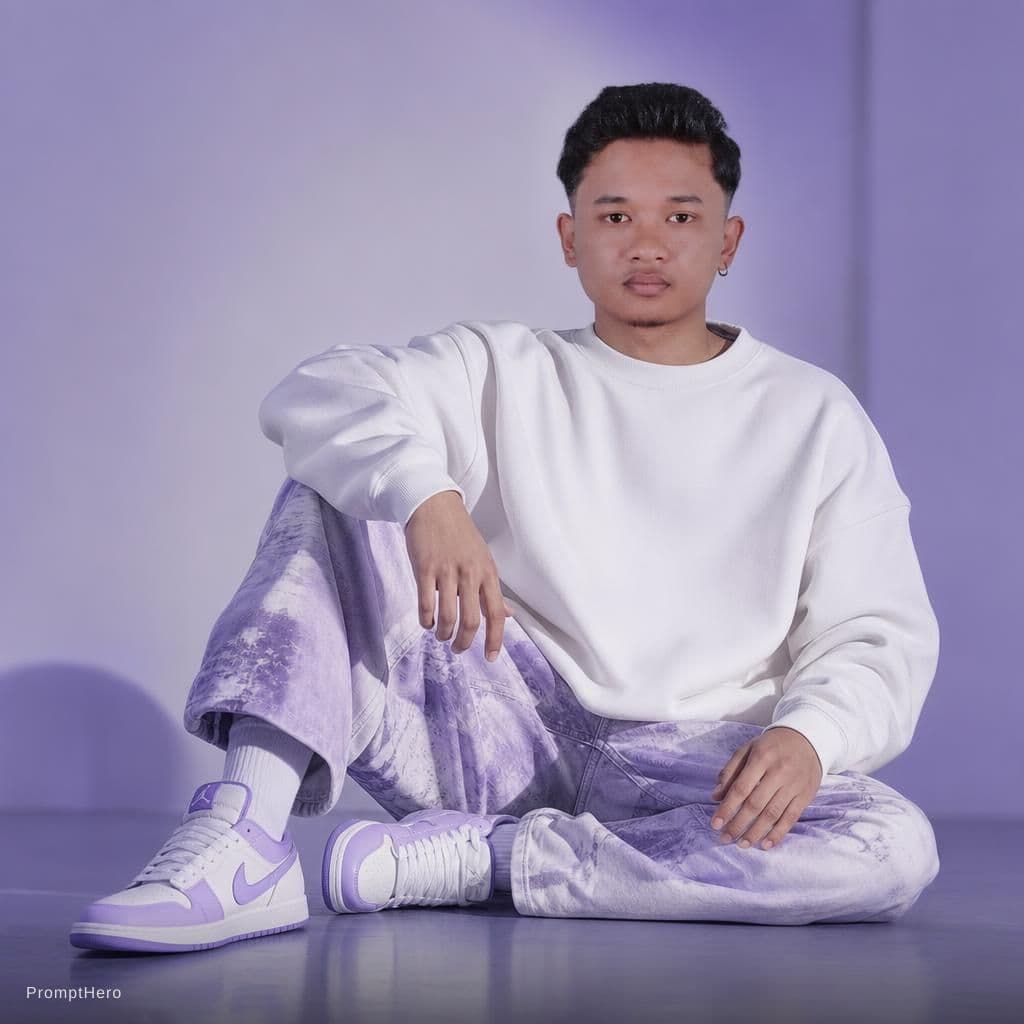 AI generated: Oversized white sweatshirt, white purple oversized combat jean, styled with footwear: white purple n...