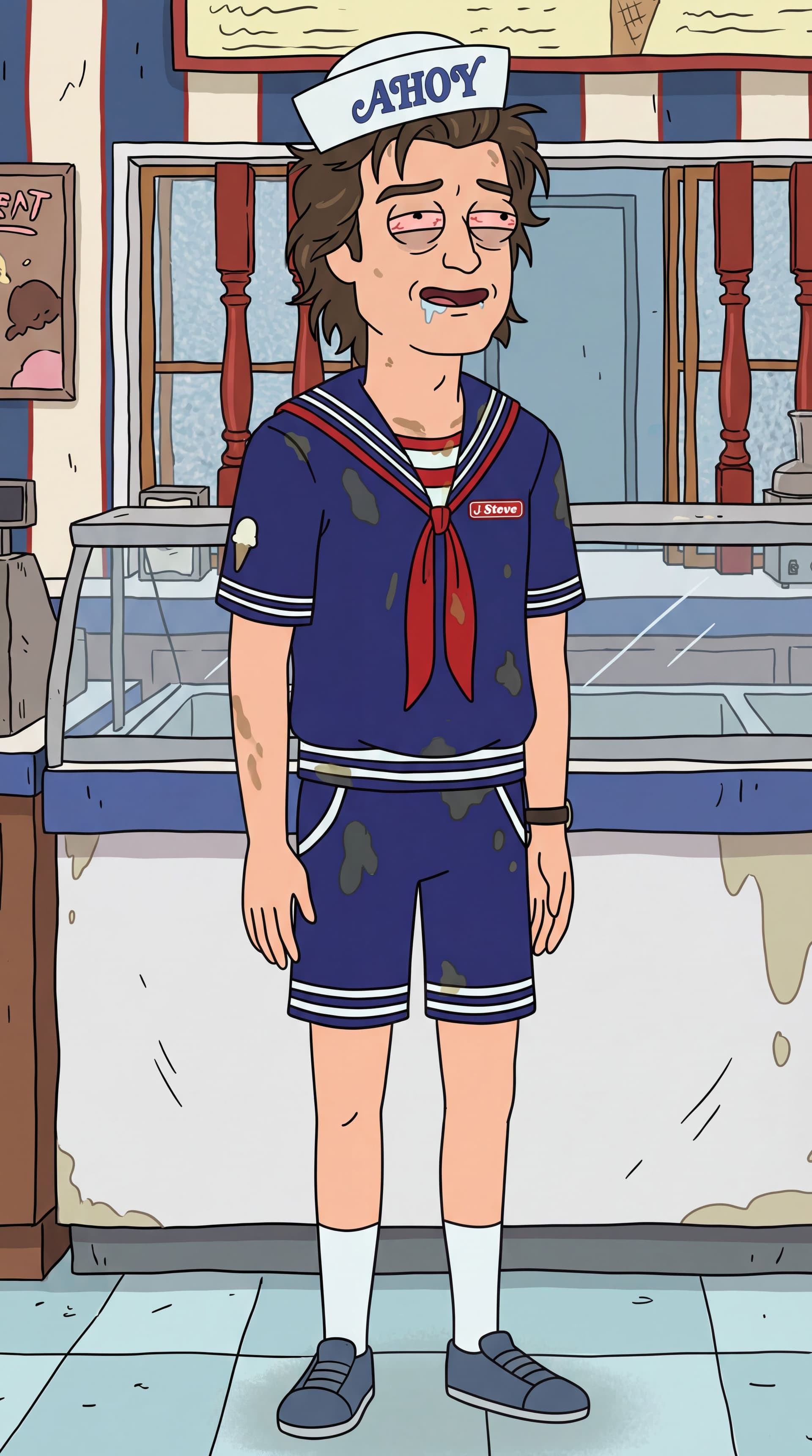 AI generated: Generate full-body Stranger Things  characters Steve Harrington in the iconic Rick and Morty animati...