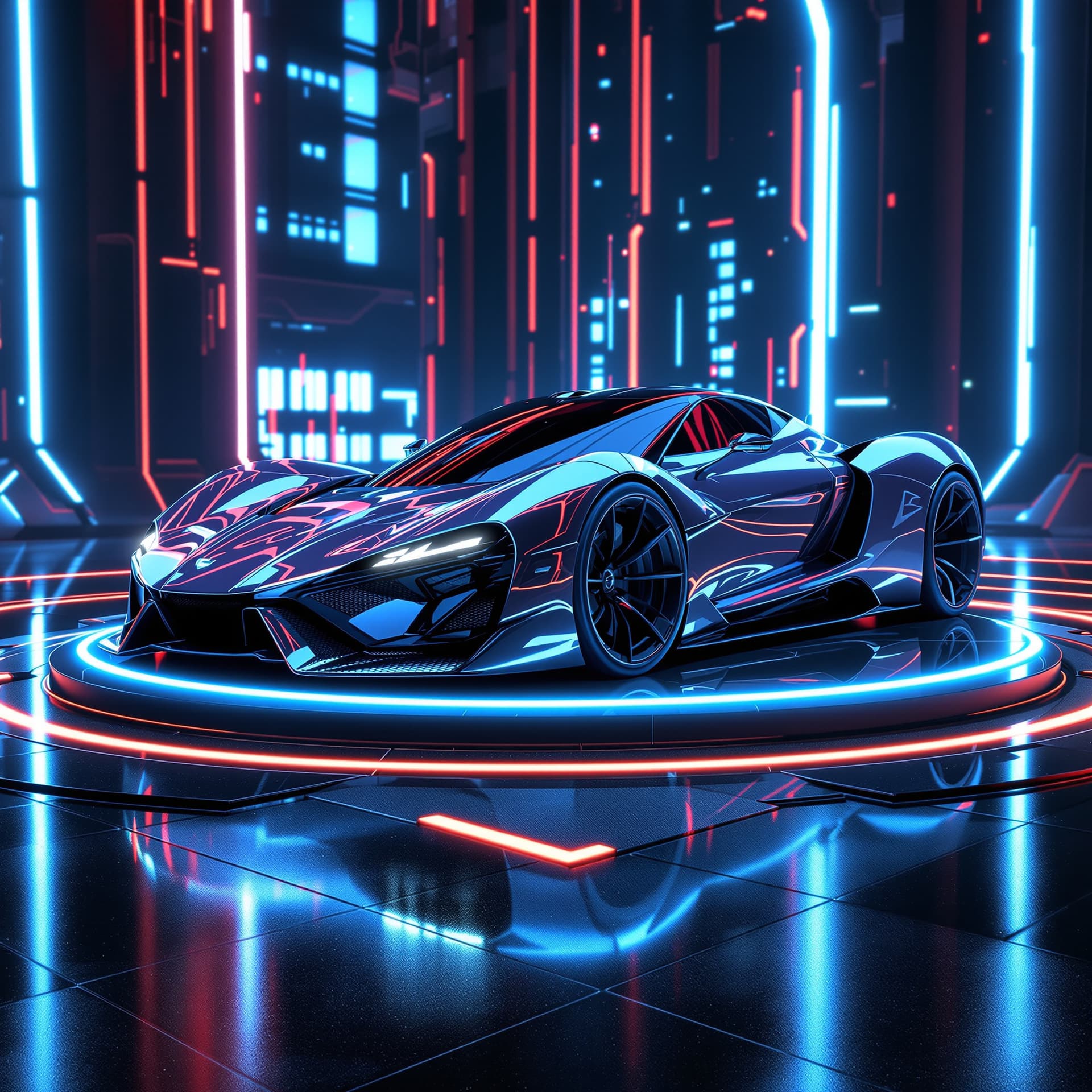 AI generated: sleek shiny silver blue metallic futuristic super sports car with led glowing headlights reflected o...