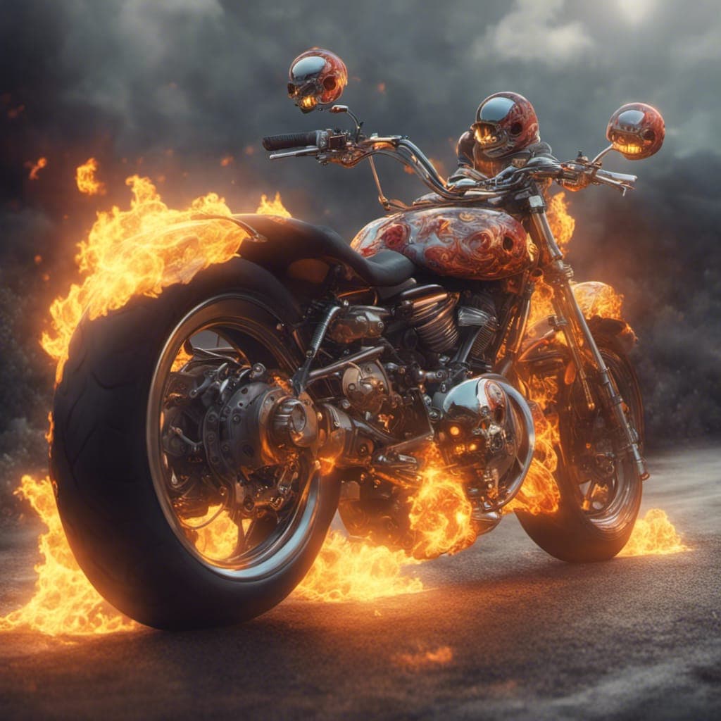 AI generated: The Teletubbies on a motorcycle with flames and skulls, realistic, cinematic, 8k, (detailed stunning...