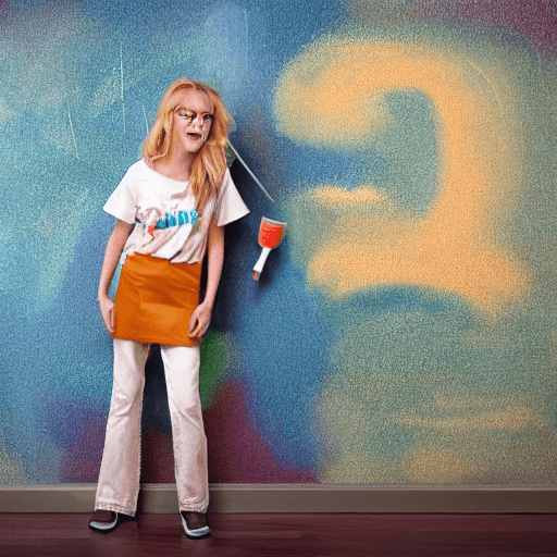 AI generated: girl 10 years old wearing tshirt and jeans, blond hair , painting on the wall with brush and colors,...