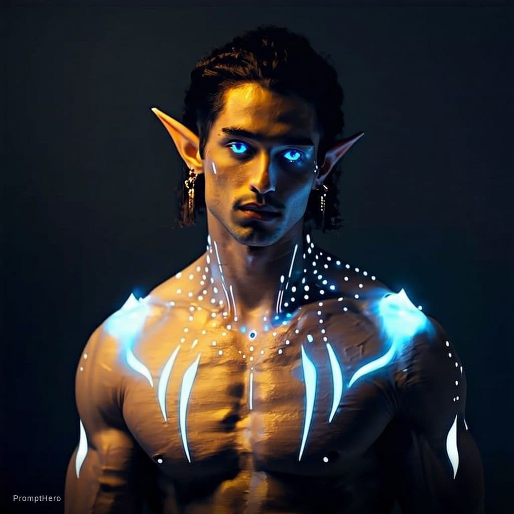 AI generated: blue humanoid avatar with bioluminescent avatar markings dots and patterns on their skin. Pointed el...