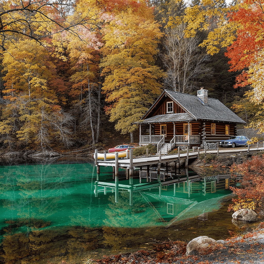 AI generated: A cozy wooden cabin nestled at the edge of a pristine, mirrored blue-green lake, its reflection perf...