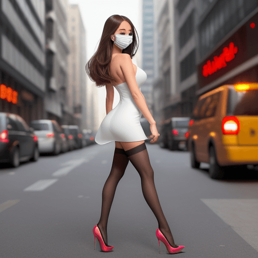 AI generated: girl walking on a crowded city sidewalk, face masks, city ordinance, wearing skimpy dress, stiletto ...