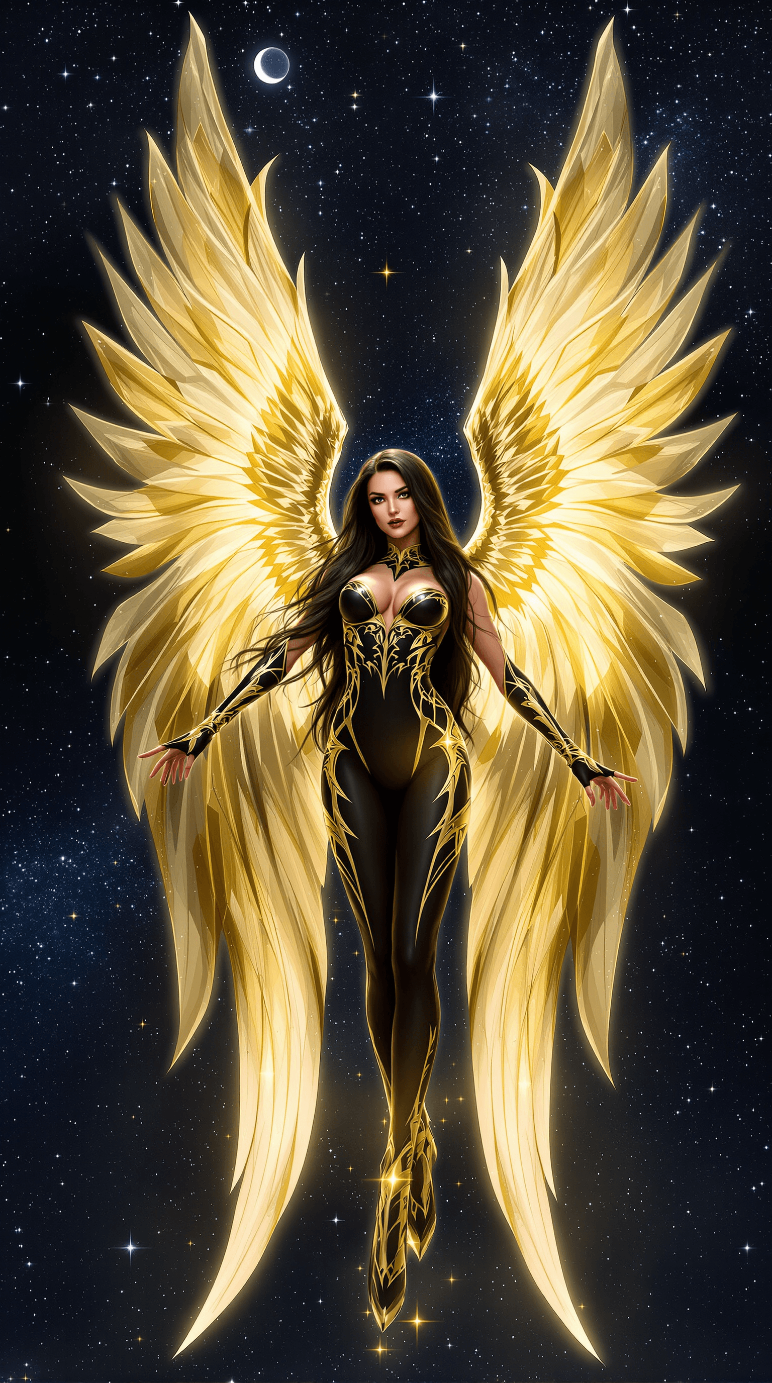 AI generated: The image depicts a striking and ethereal figure standing in a dynamic pose against a backdrop of a ...