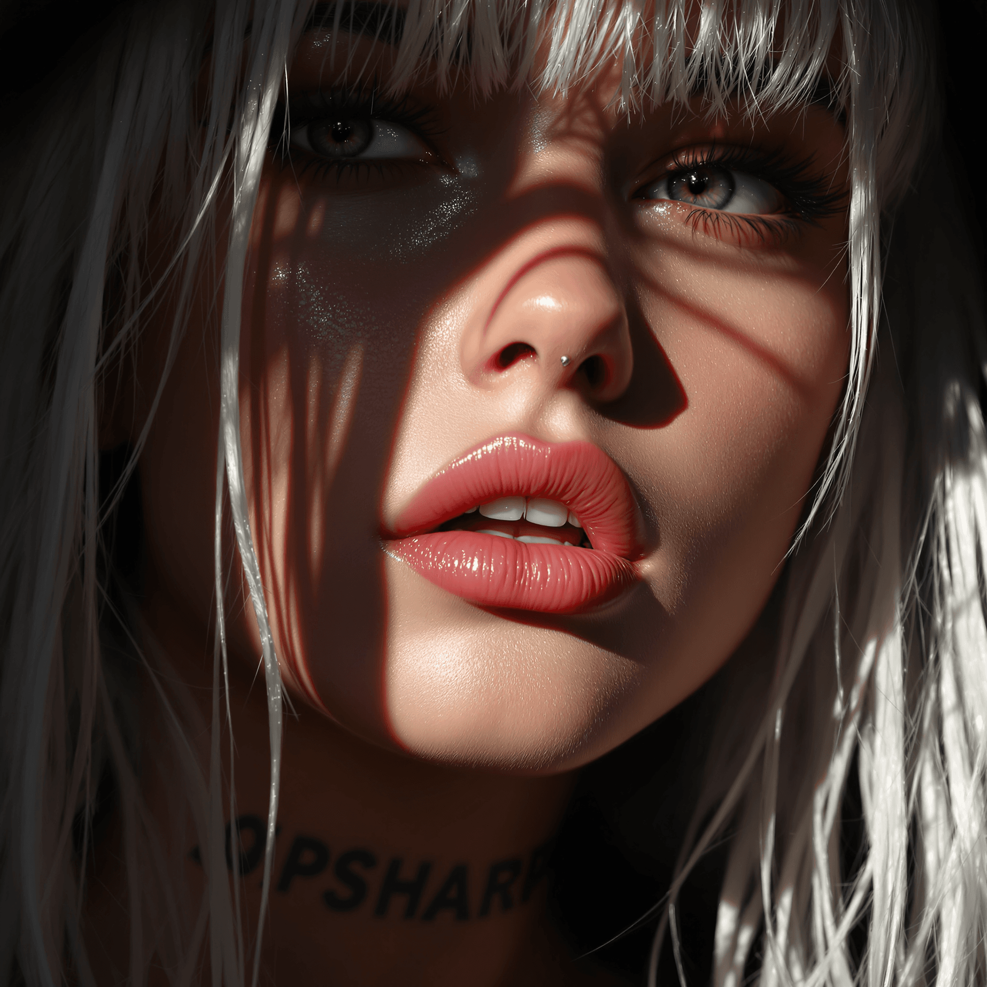 AI generated: A realistic close-up of a girl featuring white hair and piercings. Her lips are slightly parted, and...