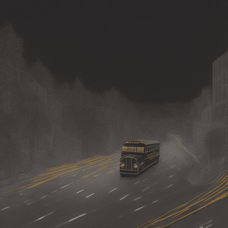 AI generated: one big glossy black school bus at a distance on a hill, glowing lights, intricate details, in the m...