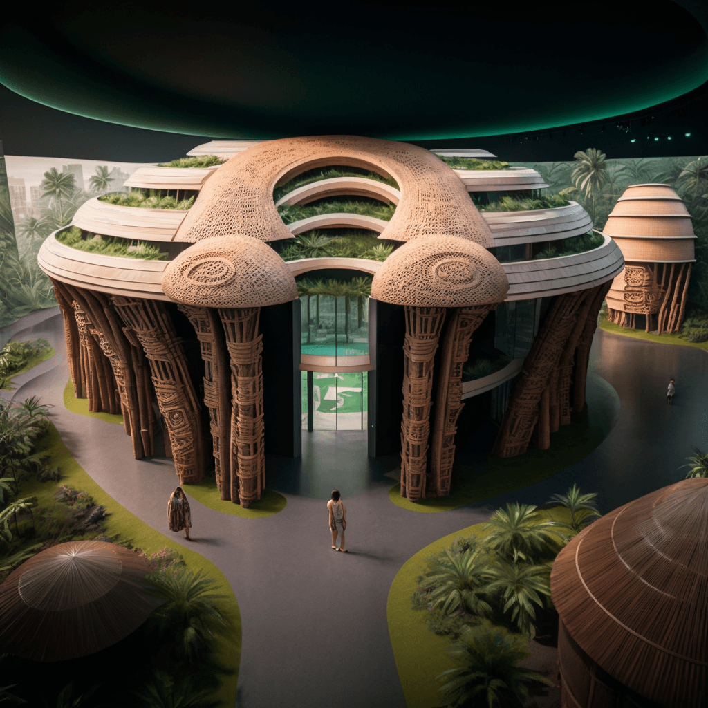 AI generated: a futuristic hotel based on the architecture of a bamiléké tribe in West cameroon