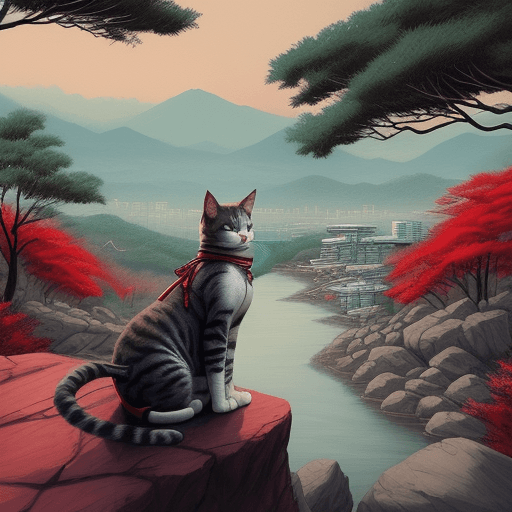 AI generated: cat in samurai clothes, on the mountain, around the trees with bright red and white colors, river, r...