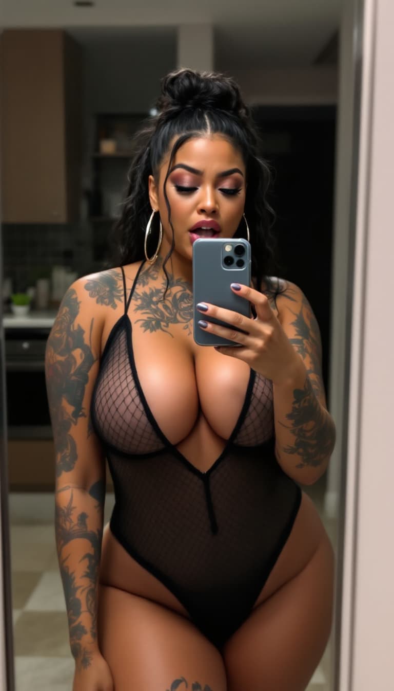AI generated:  A woman with tattoos takes a mirror selfie wearing a black and transparent mini mesh dress. woman y...