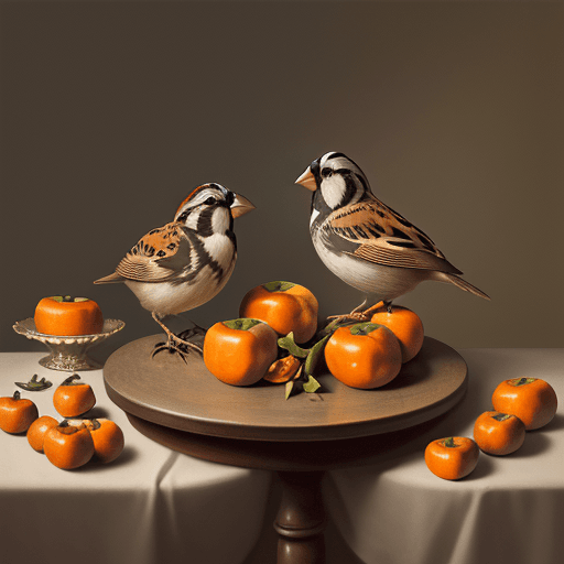 AI generated: Scene with sparrows eating persimmons