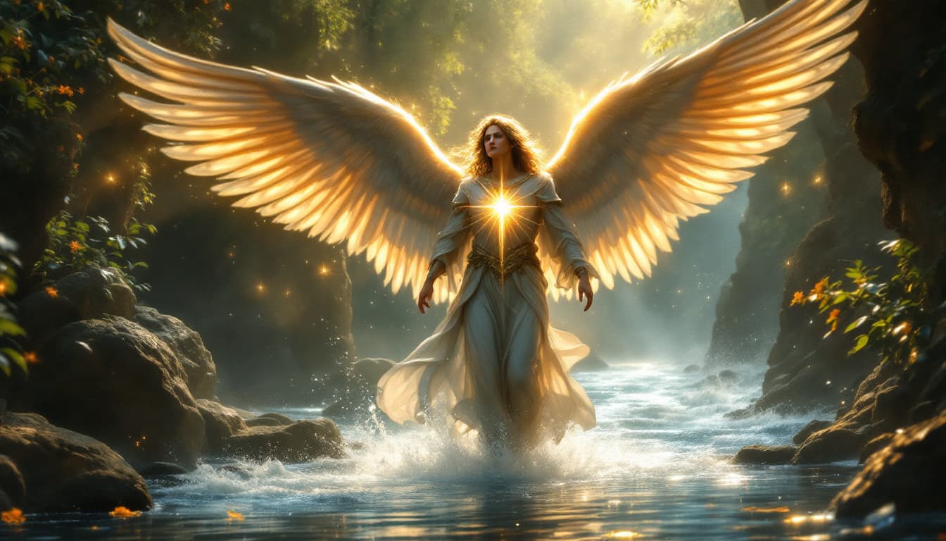 AI generated: ,serenity,surrounded by divine light in a medieval ..angel michael with shinnig in chest  beside  wa...
