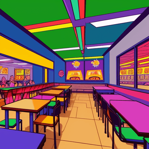AI generated: Memphis school illustration of a 90's rave inside a McDonald's.