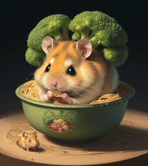 AI generated: very beautiful portrait of an extremely cute and adorable golden hamster who is eating broccoli spag...