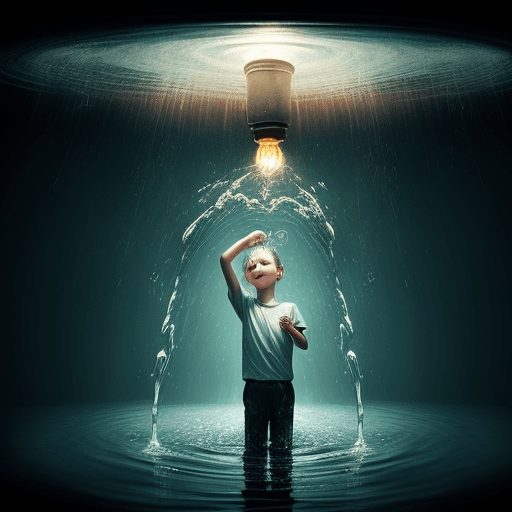 AI generated: Create an image featuring a boy with a lightbulb as his head, where water is pouring out of the bulb...