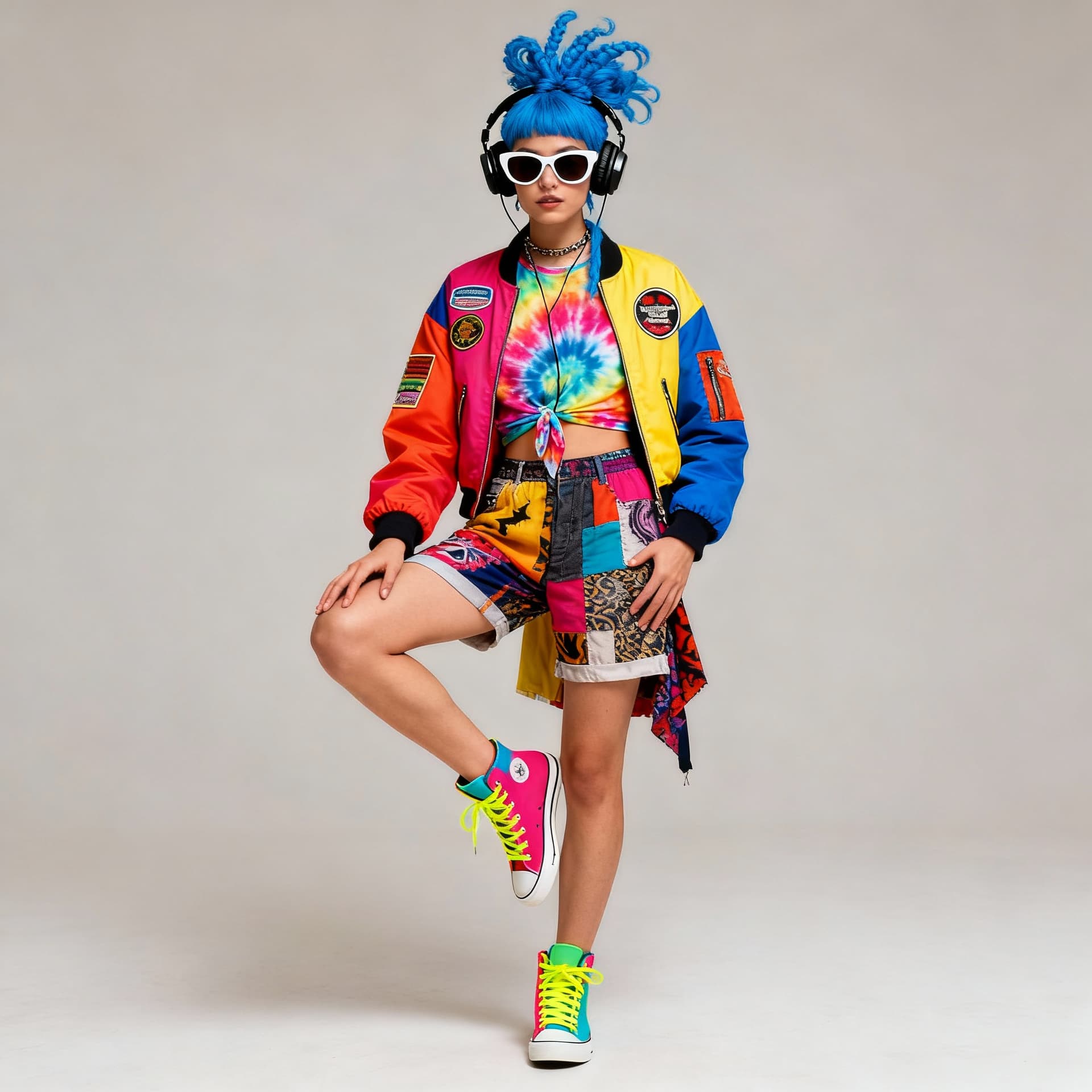 AI generated: a person posing in an eclectic and colorful outfit. They are wearing a vibrant jacket with patches, ...
