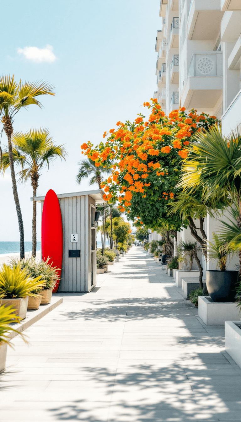 AI generated: A high-quality vertical composition of a peaceful promenade by the sea. The clean design of light-co...