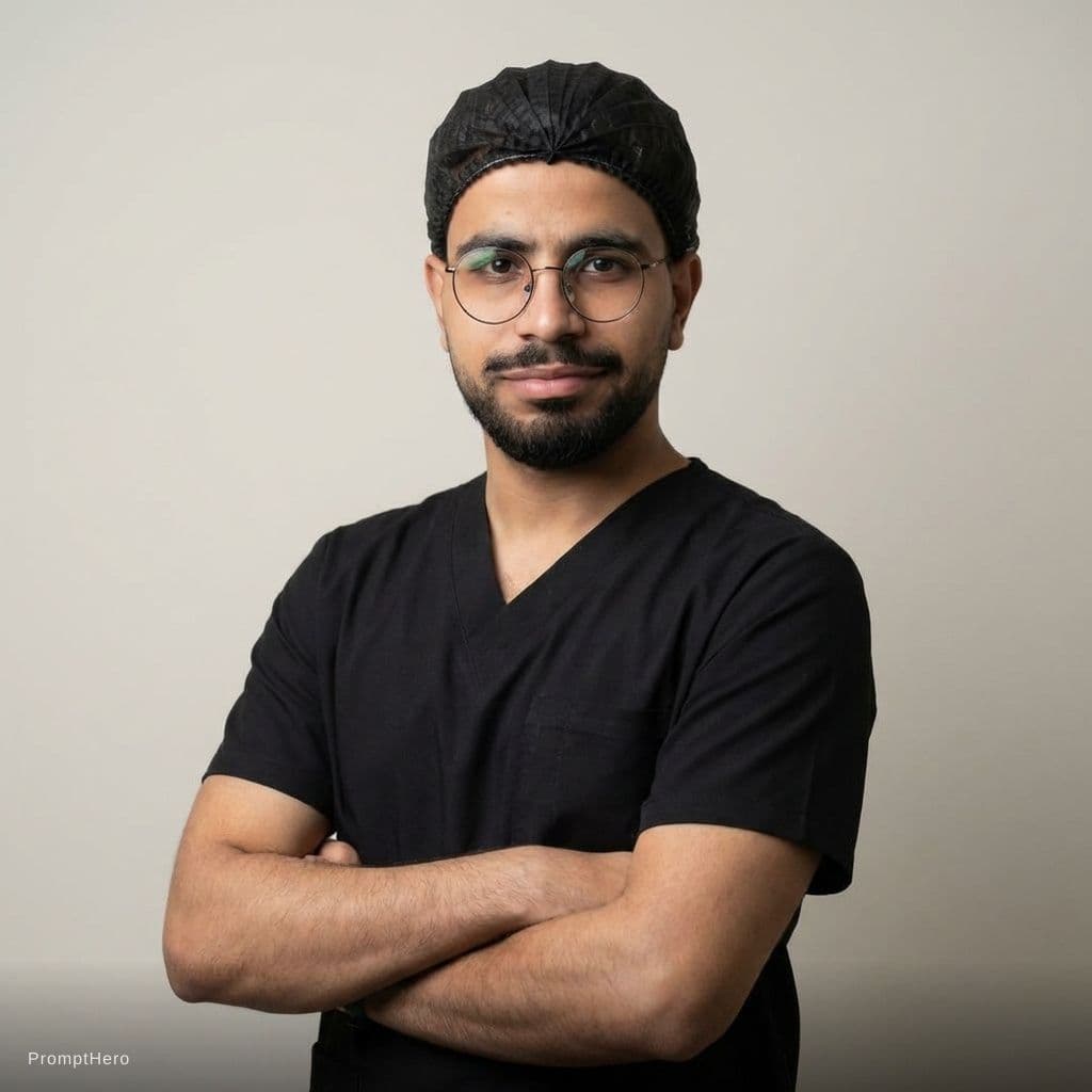 AI generated: Professional LinkedIn headshot, half-body portrait, young male dentist age 20, black dental scrubs, ...
