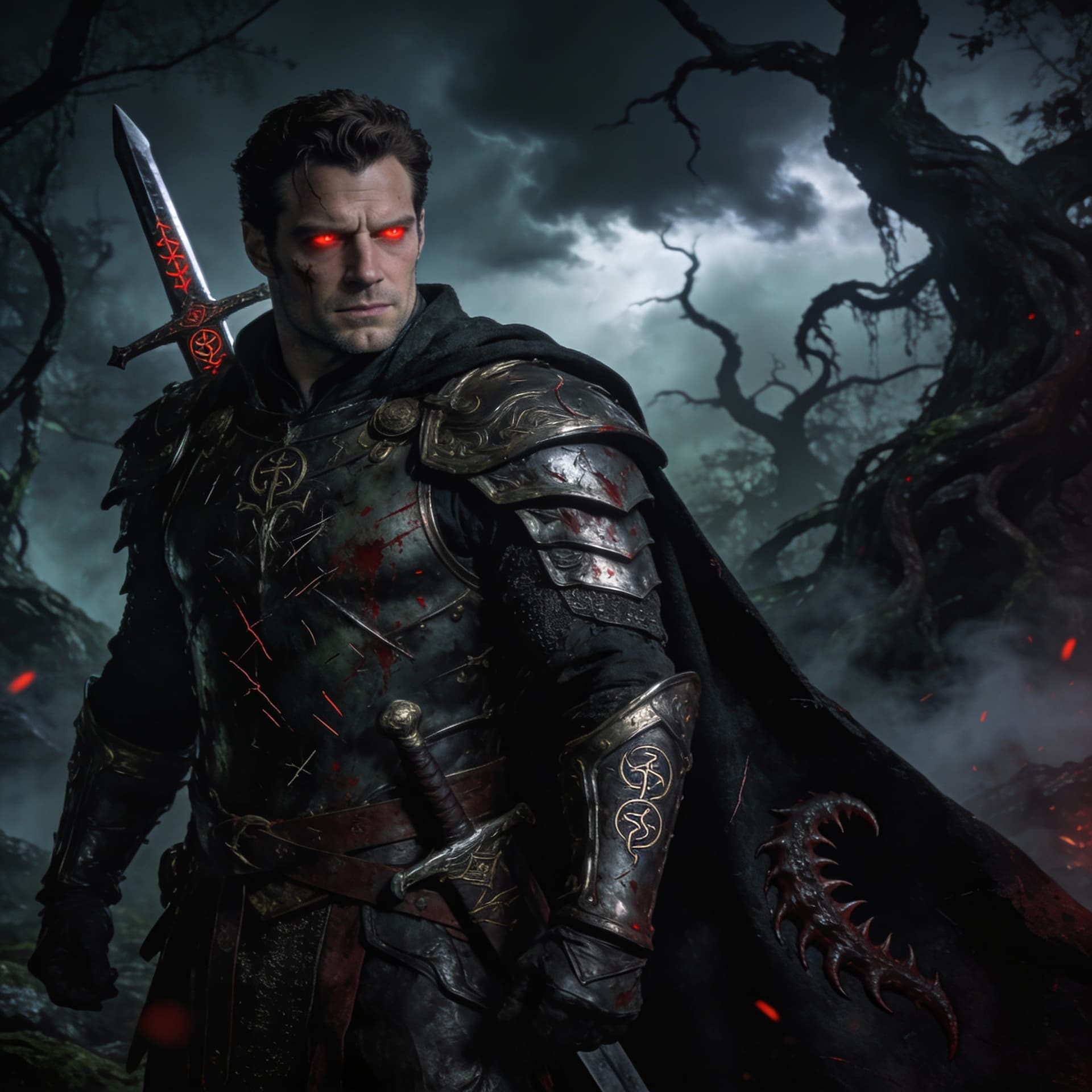AI generated: The Witcher, in the style of Christopher Nolan, from the series The Witcher with Henry Cavill, evil ...