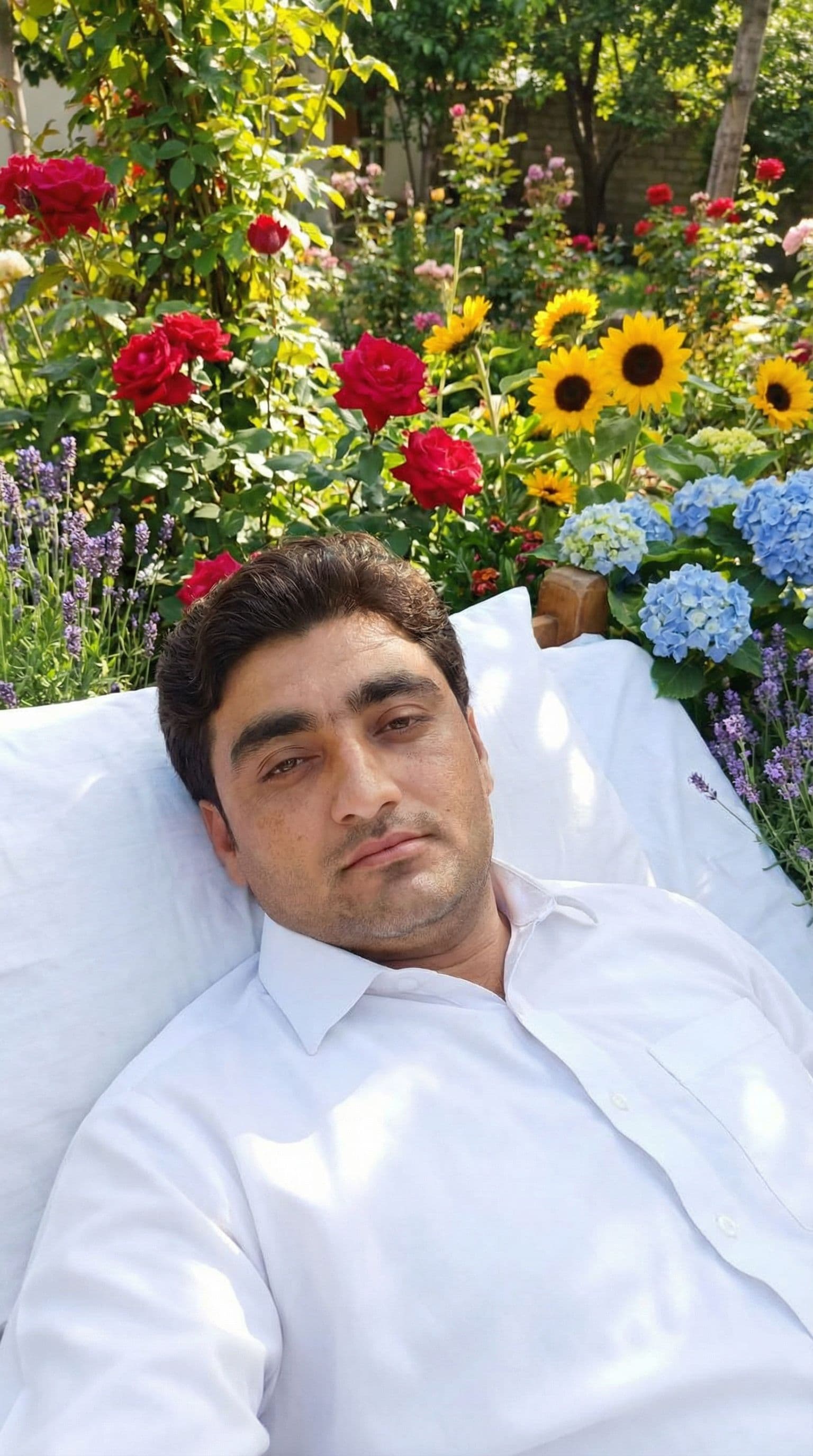 AI generated: Lying on the bed in tje garden having flowerd of different colors