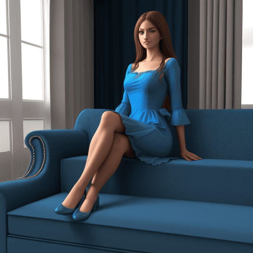 AI generated: 3D model woman sitting on a couch wearing blue dress 