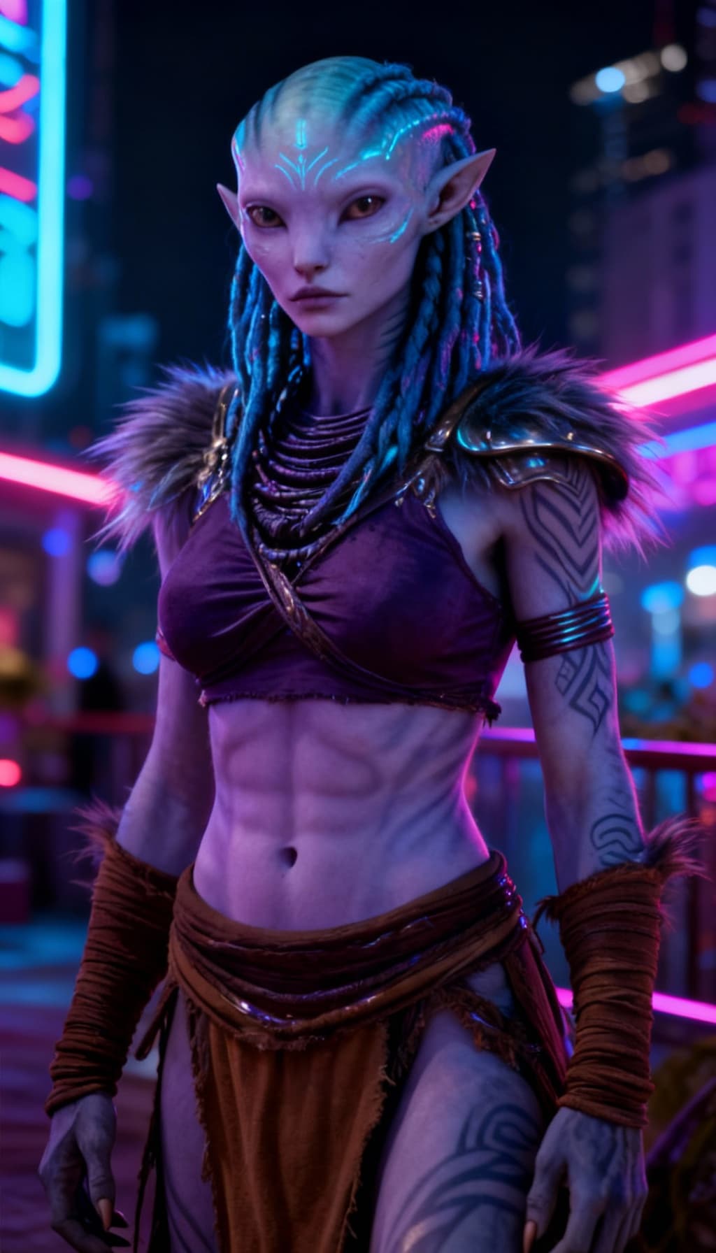 AI generated: Blend anthropomorphic to create a new anthropomorphic, alien hybrid. Give a Nightlife backdrop, and ...