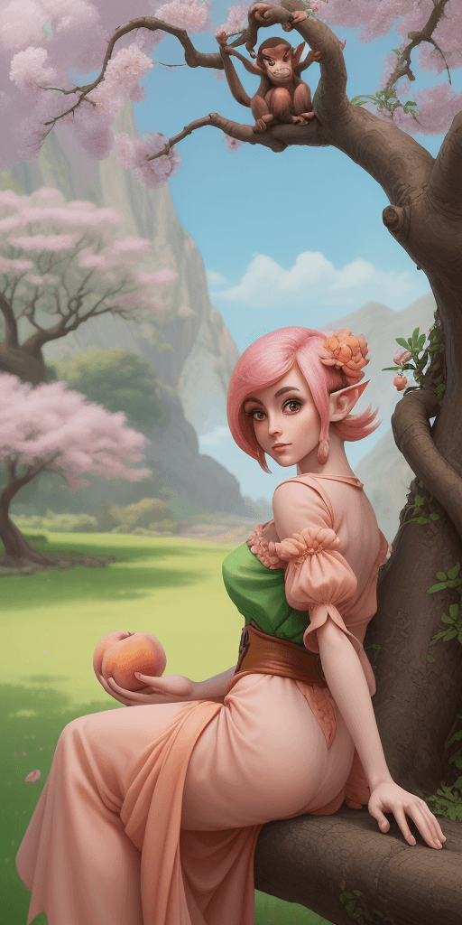 AI generated: The Digital Art of a Beautiful Monkey Elf Under a Peach Tree, cartoon style,Matte Painting,Magic Rea...