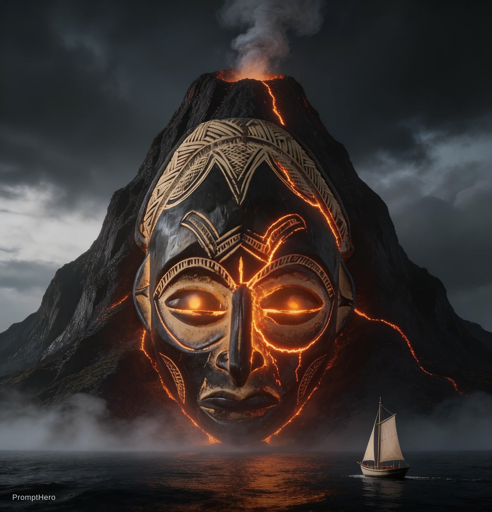 AI generated: gigantic african tribal mask integrated into a volcanic mountain, early stage eruption, glowing lava...